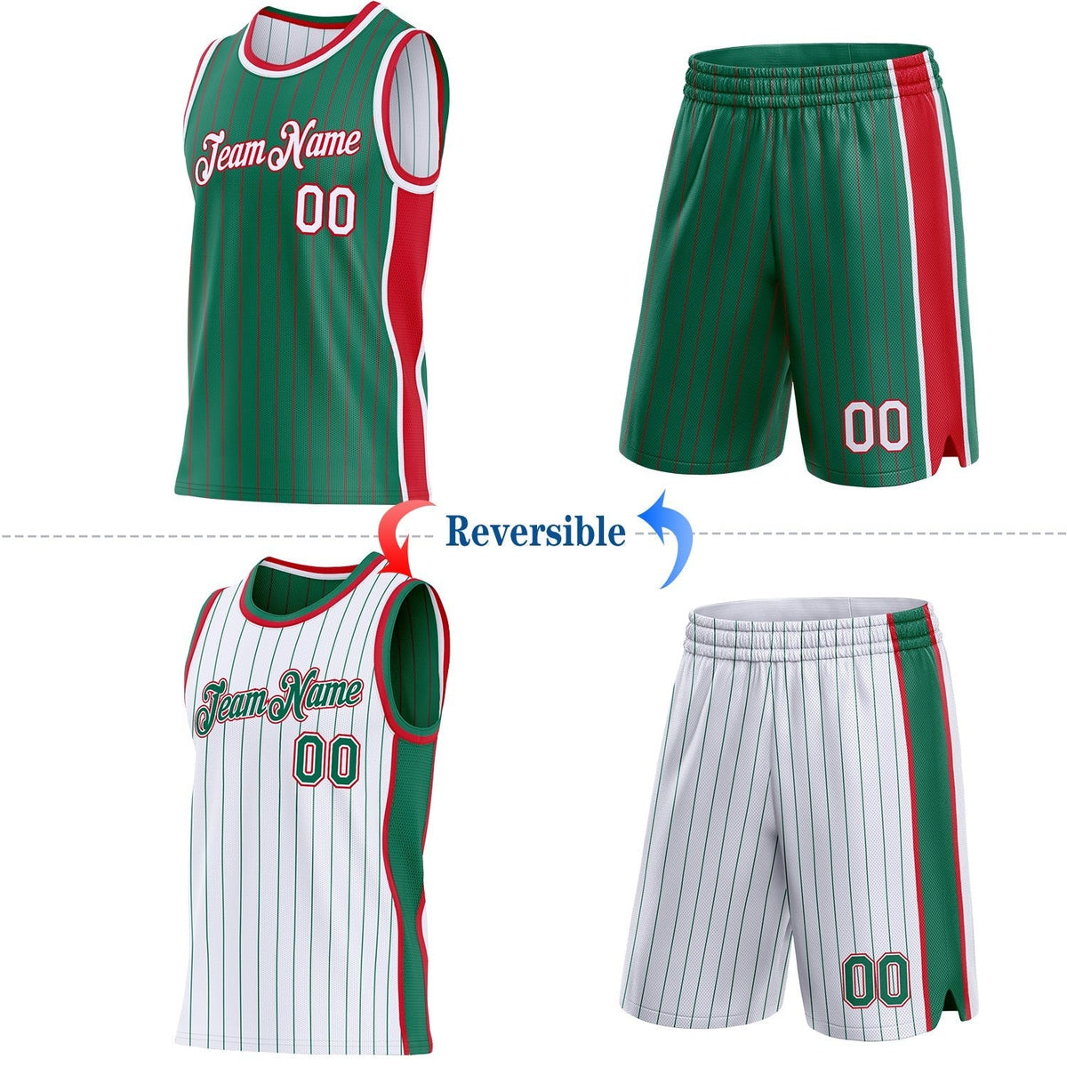 Custom Kelly Green Red Pinstripe-White Side Panels Reversible Double Side Sublimation Basketball Set Jersey photo 2
