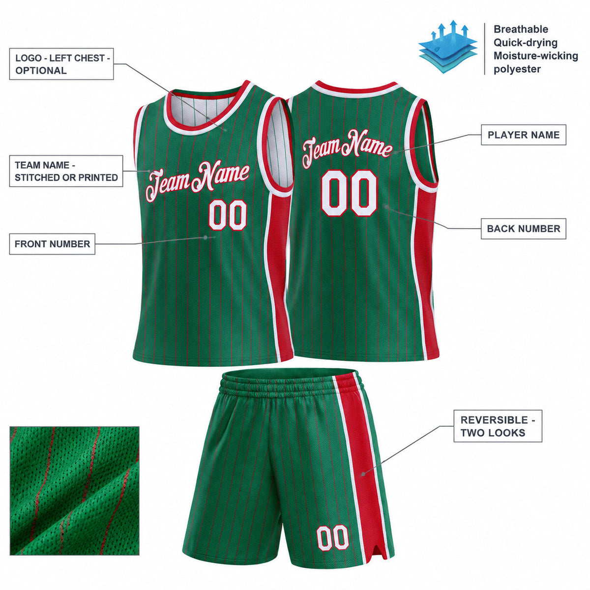 Custom Kelly Green and Red Side Panels Basketball Jersey Set with White Lettering customization guide