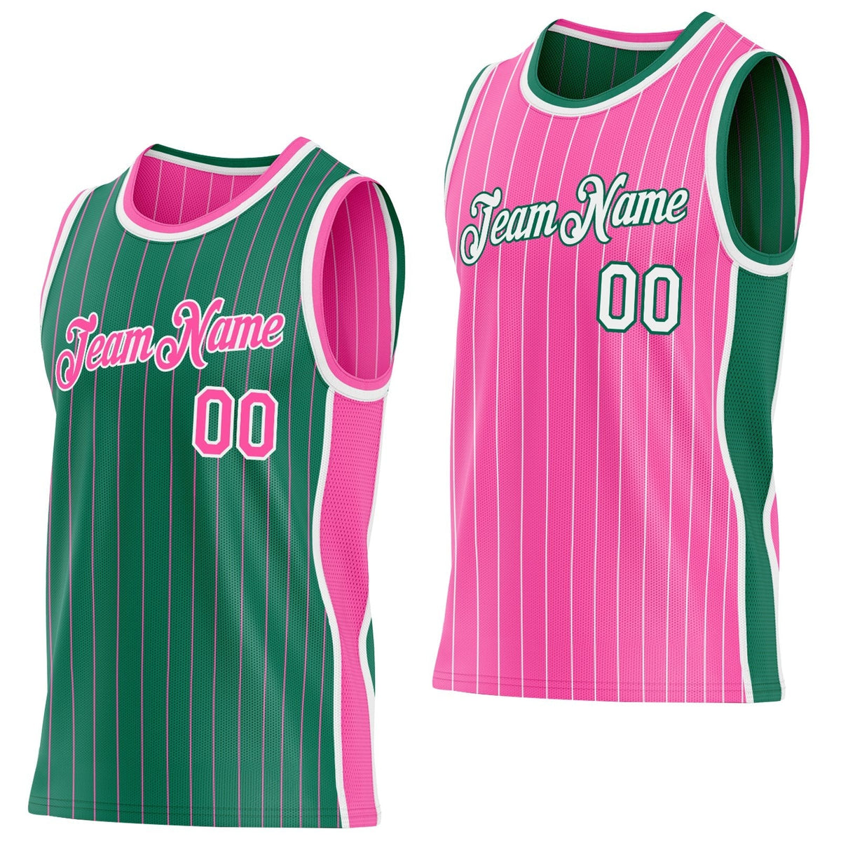 Custom Kelly Green Pink Pinstripe-White Side Panels Reversible Double Side Sublimation Basketball Set Jersey