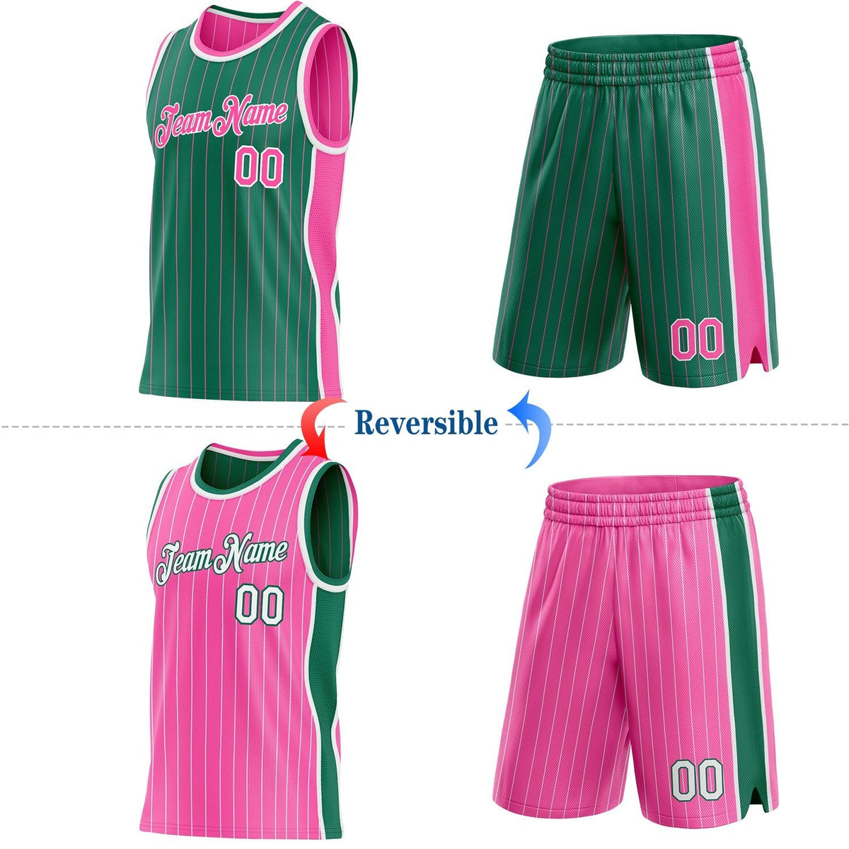 Custom Kelly Green Pink Pinstripe-White Side Panels Reversible Double Side Sublimation Basketball Set Jersey photo 2