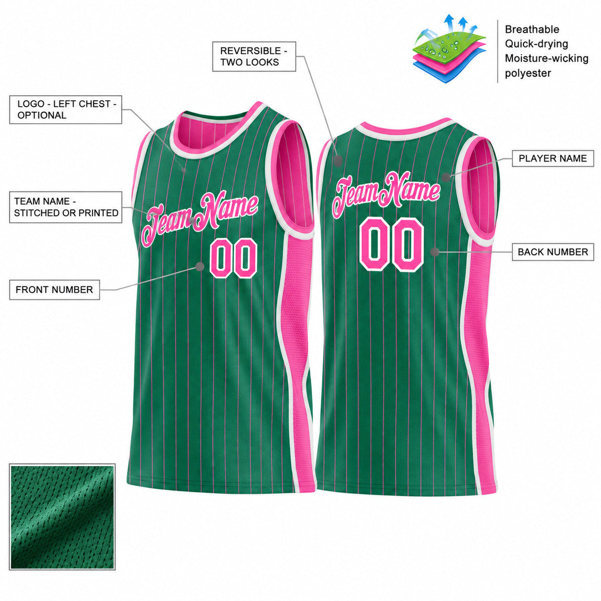Custom Kelly Green and Pink Side Panels Basketball Jersey Set with White Lettering Design 1085 customization guide
