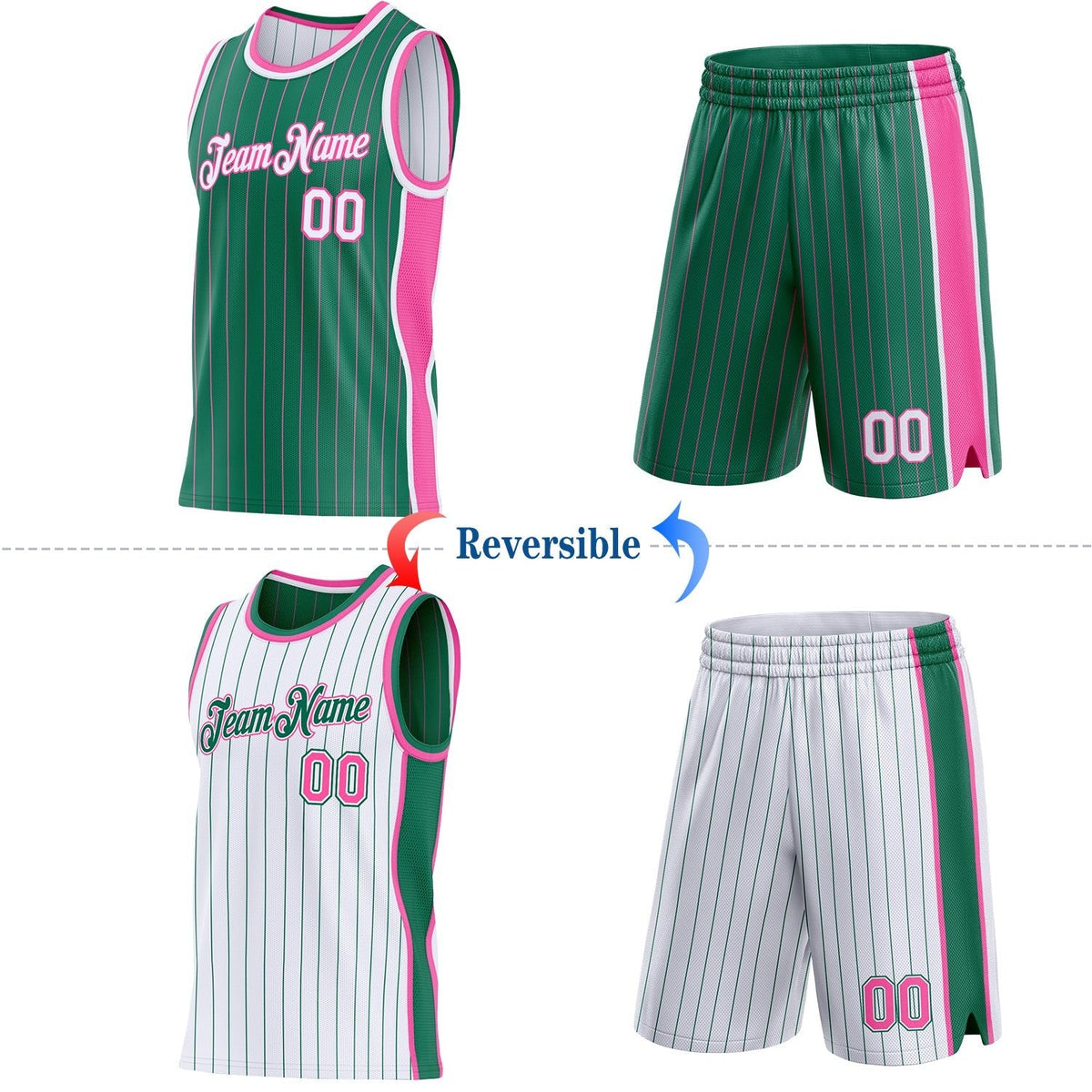 Custom Kelly Green Pink Pinstripe-White Side Panels Reversible Double Side Sublimation Basketball Set Jersey photo 2