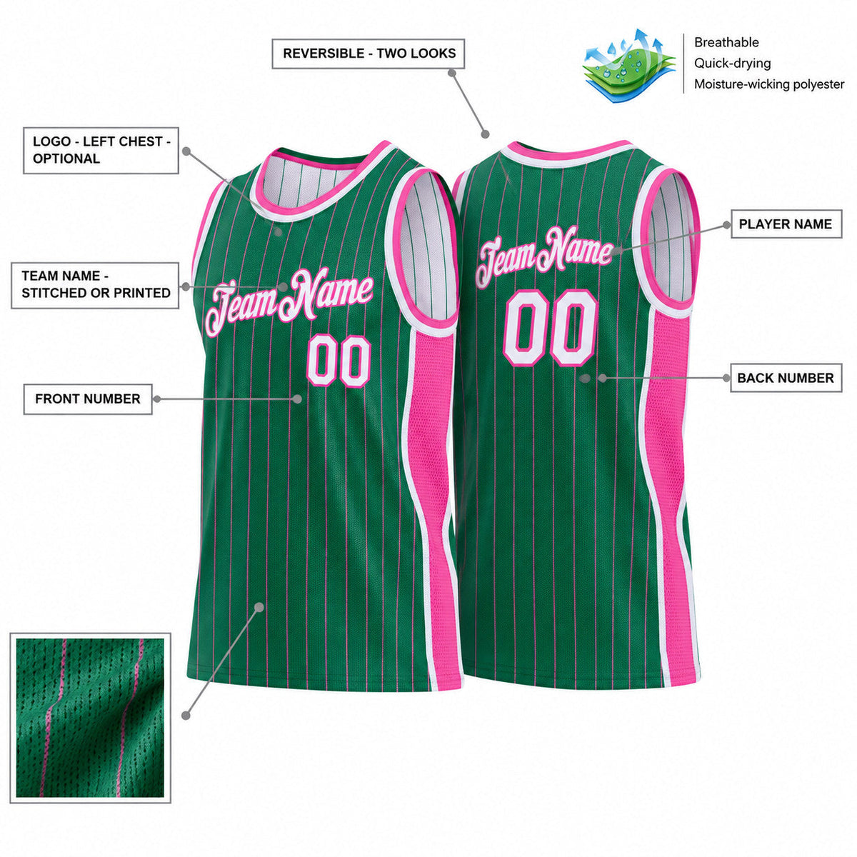 Custom Kelly Green and Pink Side Panels Basketball Jersey Set with White Lettering Design 1086 customization guide