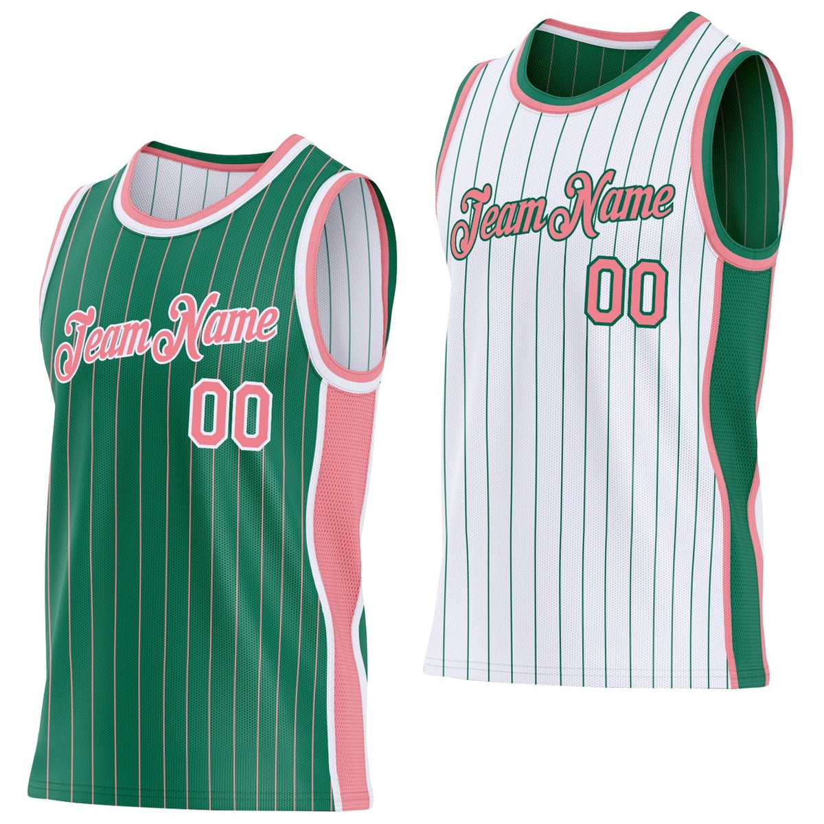 Custom Kelly Green Medium Pink Pinstripe-White Side Panels Reversible Double Side Sublimation Basketball Set Jersey