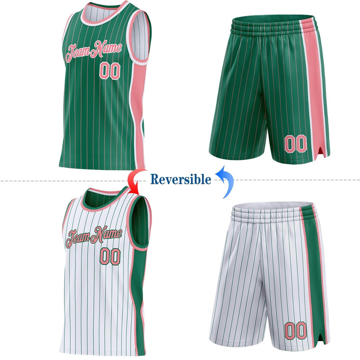 Custom Kelly Green Medium Pink Pinstripe-White Side Panels Reversible Double Side Sublimation Basketball Set Jersey photo 2