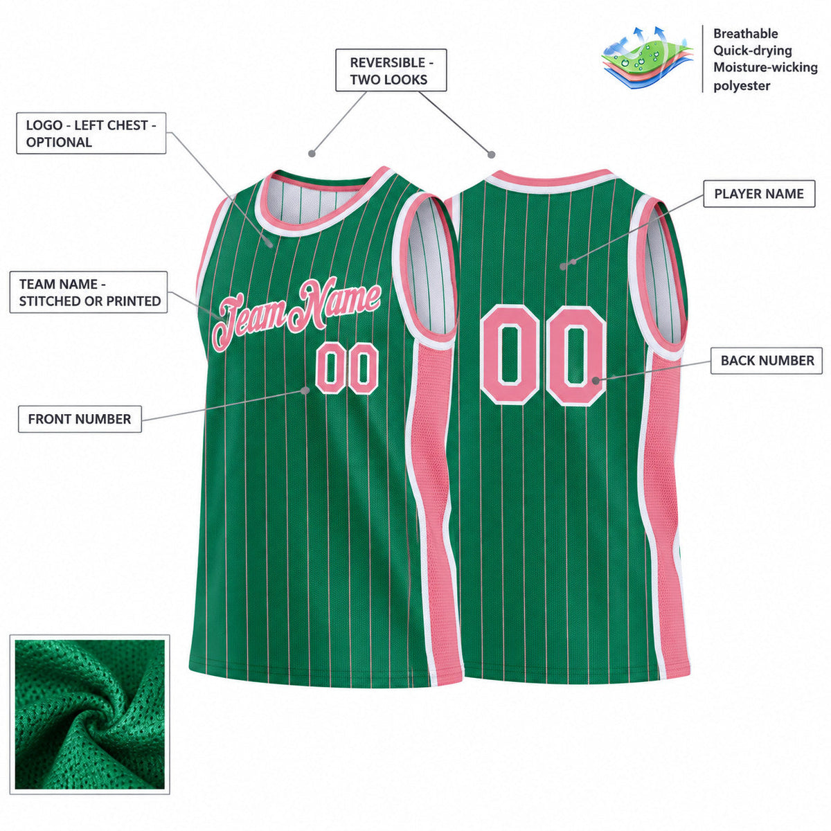 Custom Kelly Green and Medium Pink Side Panels Basketball Jersey Set with White Lettering customization guide