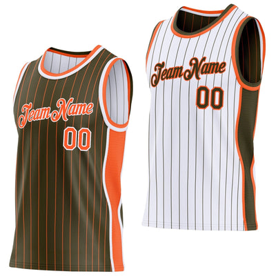 Custom Olive and Orange Side Panels Pinstripe Reversible Basketball Jersey Set with White Lettering