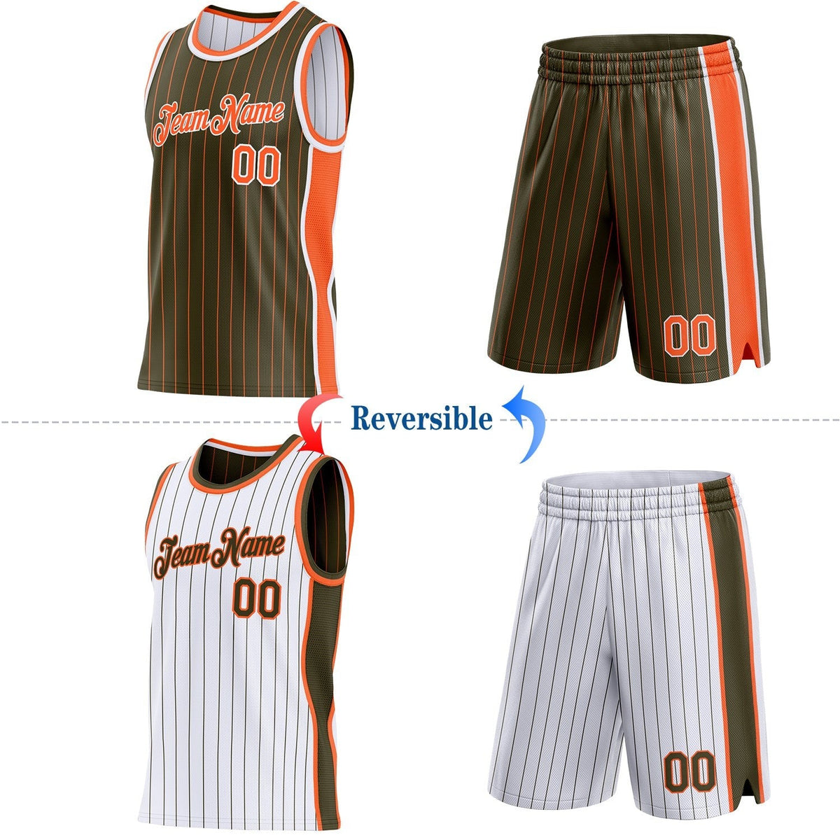 Custom Olive Orange Pinstripe-White Side Panels Reversible Double Side Sublimation Basketball Set Jersey photo 2