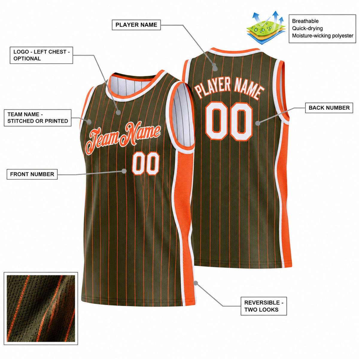 Custom Olive and Orange Side Panels Pinstripe Reversible Basketball Jersey Set with White Lettering customization guide