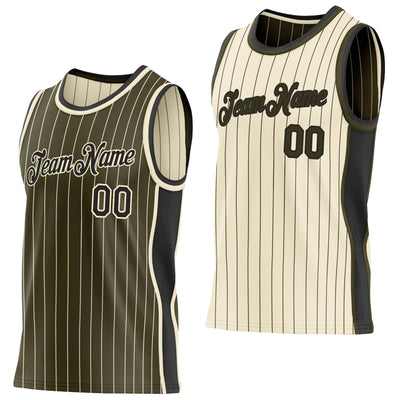 Custom Olive and Cream Side Panels Pinstripe Reversible Basketball Jersey Set with Black Lettering