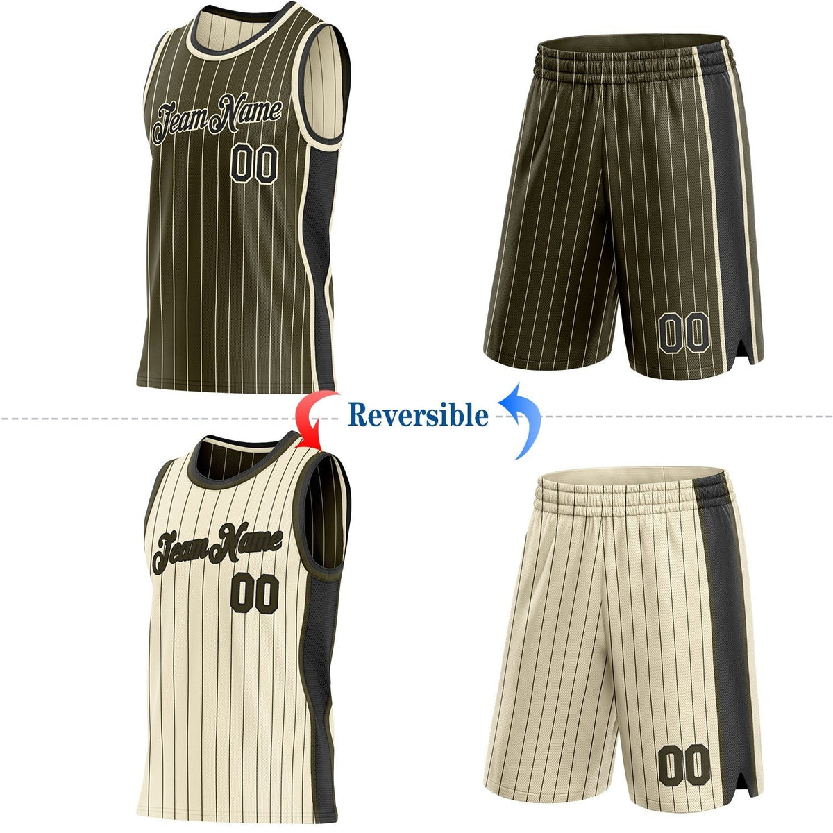 Custom Olive Cream Pinstripe-Black Side Panels Reversible Double Side Sublimation Basketball Set Jersey photo 2
