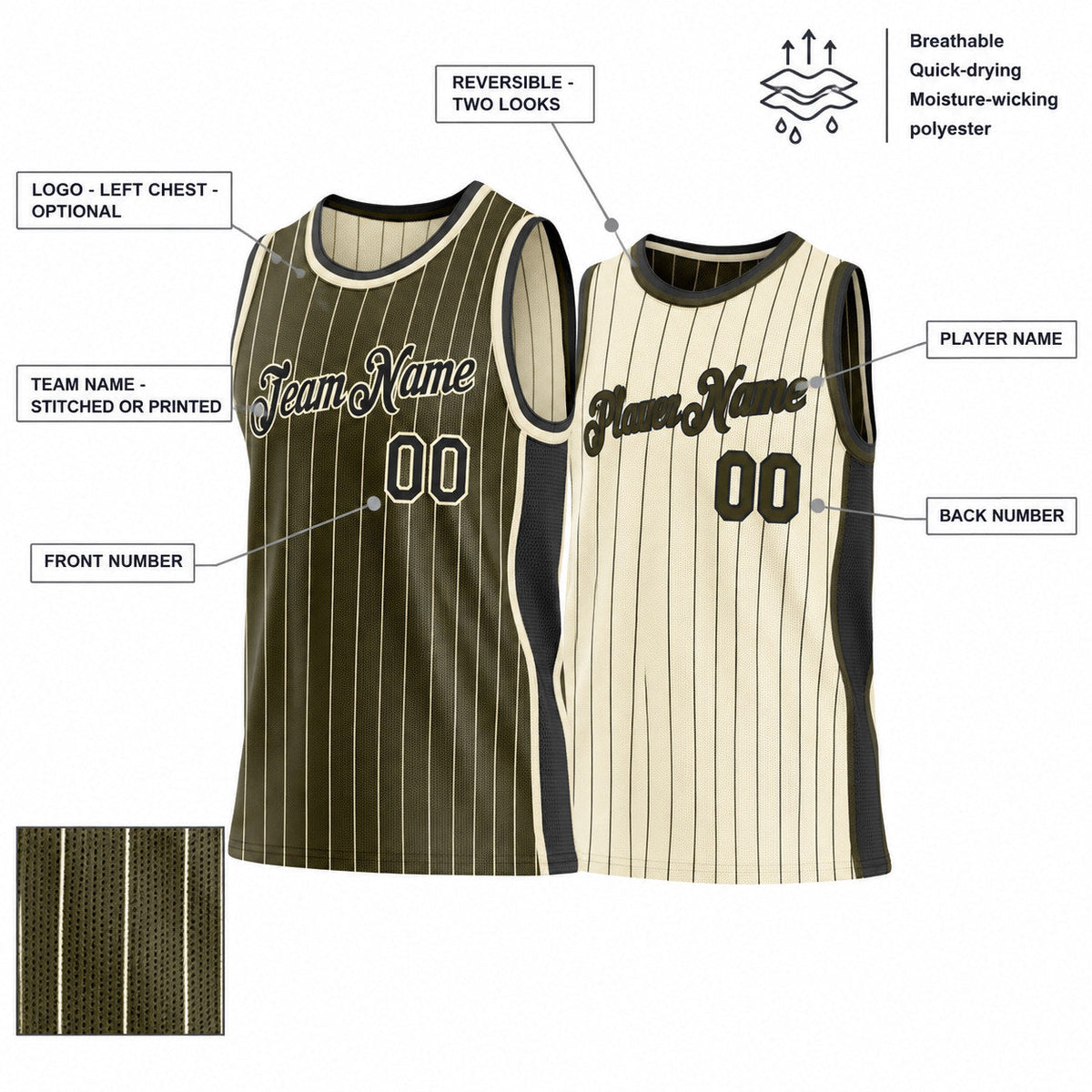 Custom Olive and Cream Side Panels Pinstripe Reversible Basketball Jersey Set with Black Lettering customization guide