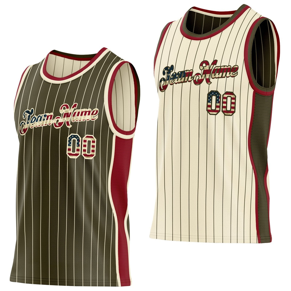 Custom Olive Cream Pinstripe Vintage USA Flag-Maroon Side Panels Reversible Double Side Sublimation Basketball Set Jersey