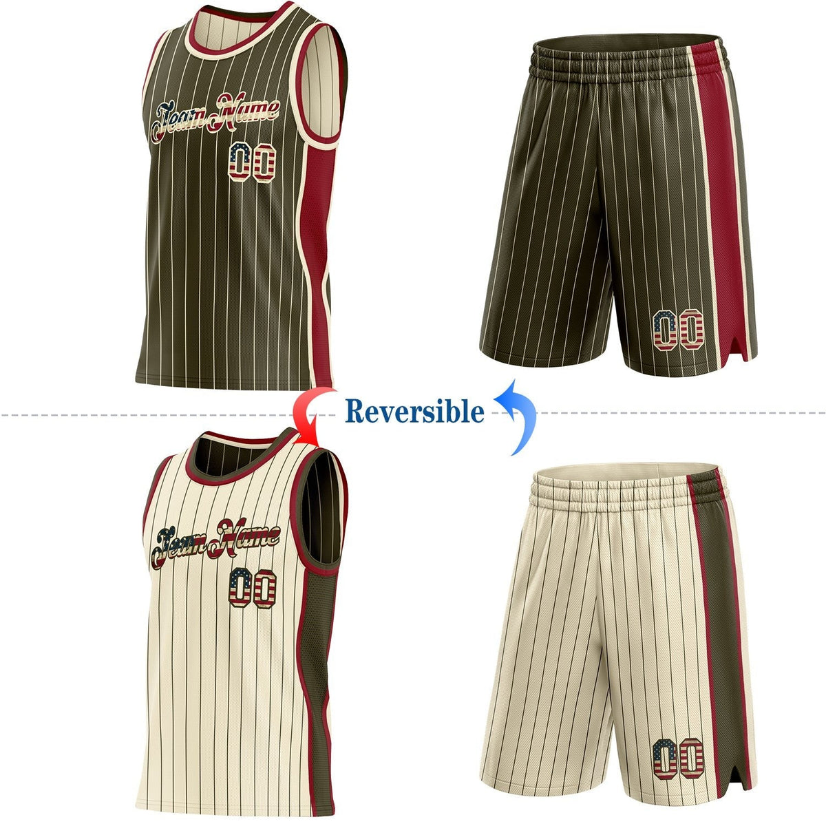 Custom Olive Cream Pinstripe Vintage USA Flag-Maroon Side Panels Reversible Double Side Sublimation Basketball Set Jersey photo 2