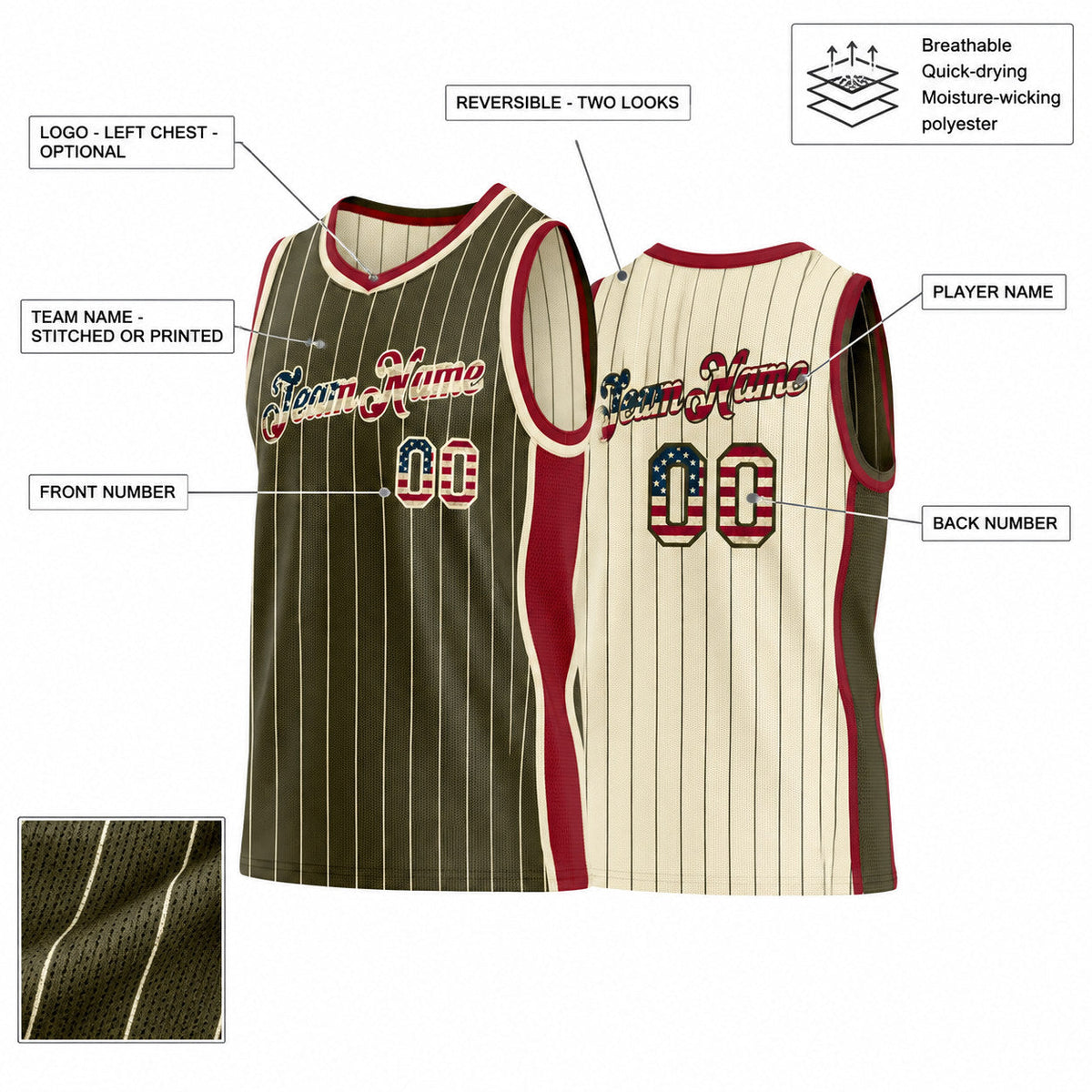 Custom Olive and Cream Vintage USA Flag Basketball Jersey Set with Maroon Lettering customization guide
