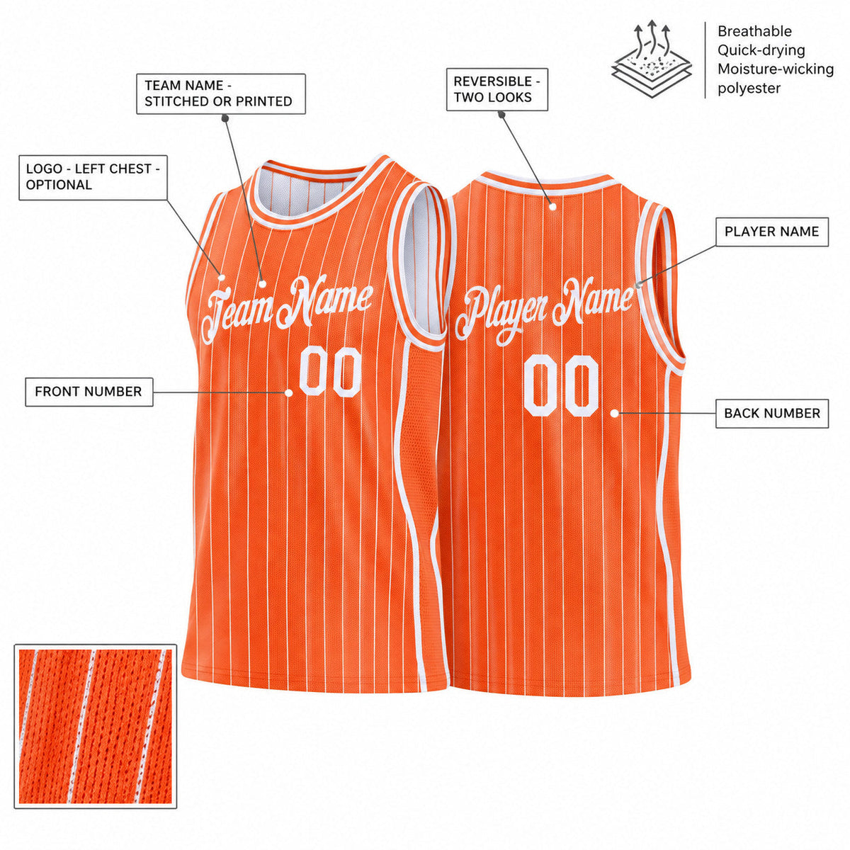 Custom Orange Side Panels Pinstripe Reversible Basketball Jersey Set with White Lettering customization guide