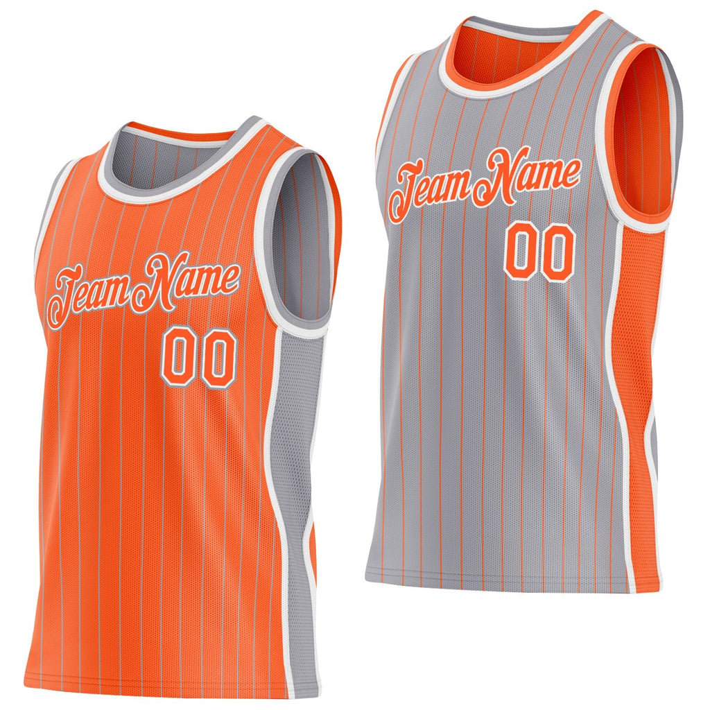 Custom Orange Gray Pinstripe-White Side Panels Reversible Double Side Sublimation Basketball Set Jersey