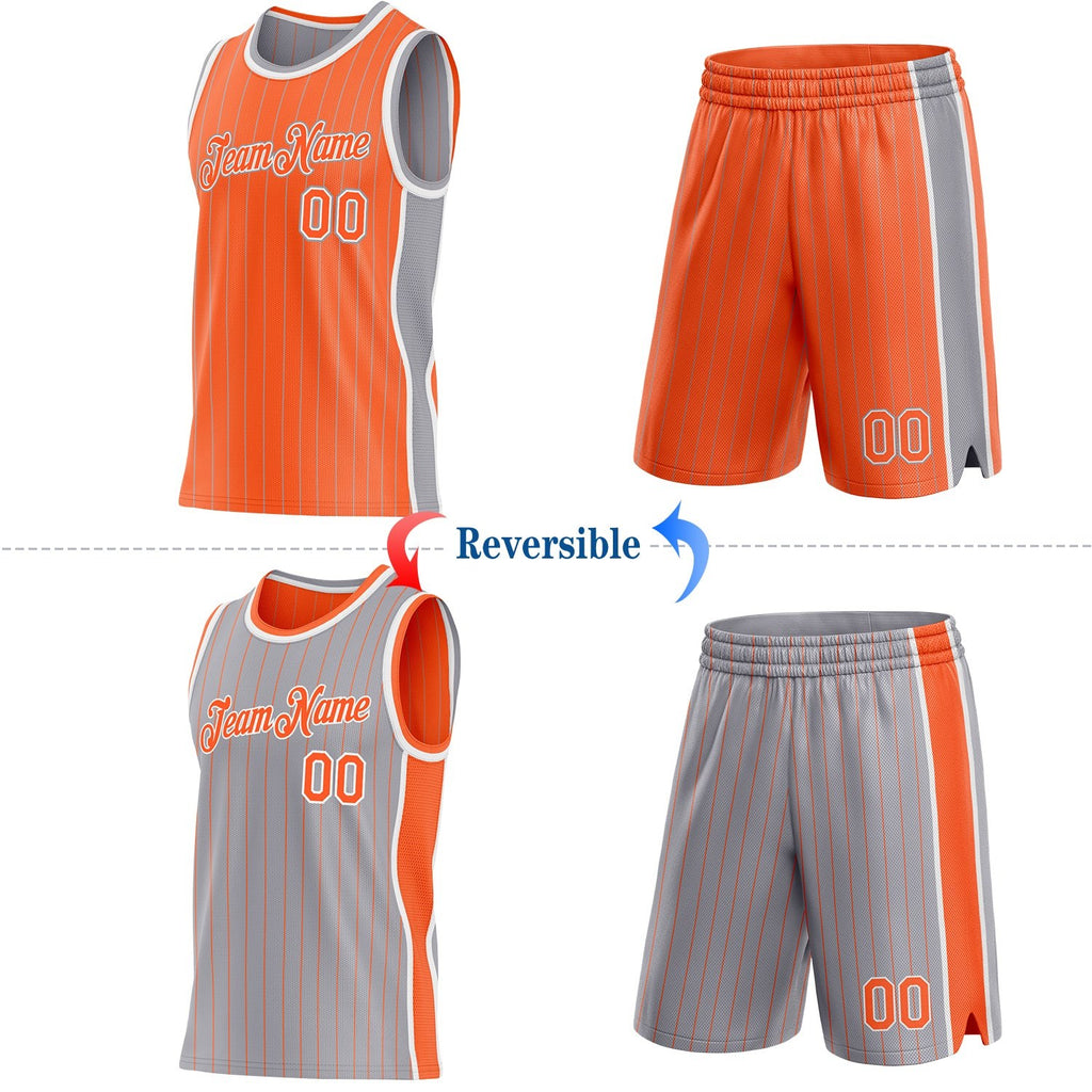 Custom Orange Gray Pinstripe-White Side Panels Reversible Double Side Sublimation Basketball Set Jersey photo 2