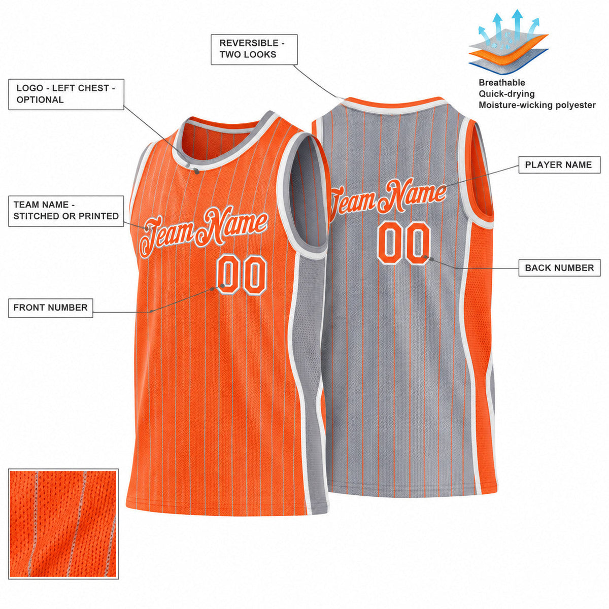 Custom Orange and Gray Side Panels Pinstripe Reversible Basketball Jersey Set with White Lettering customization guide