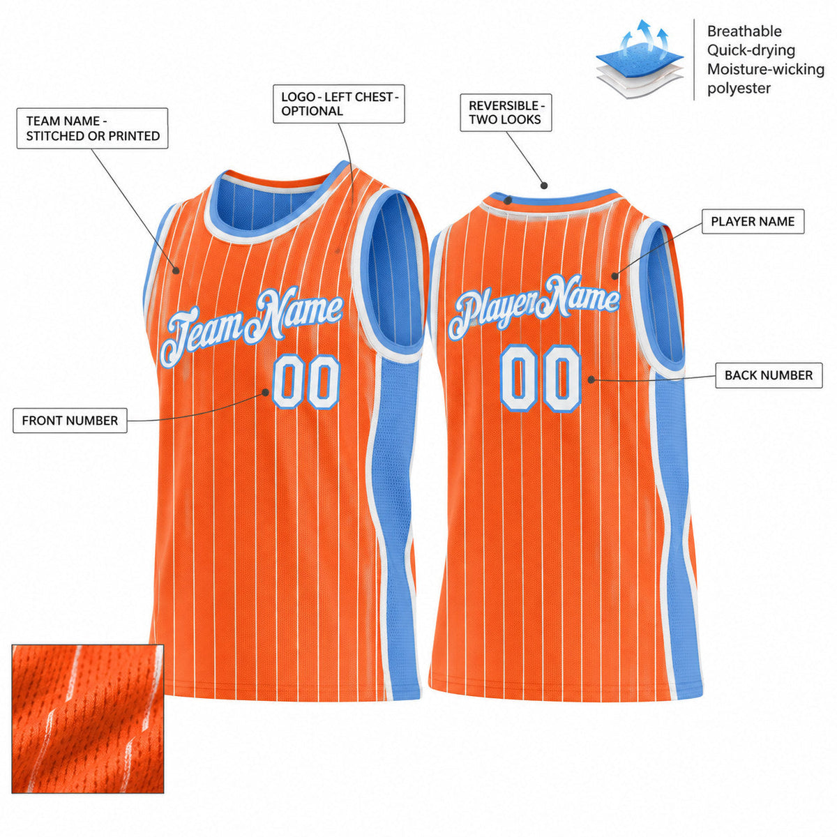 Custom Orange and White Side Panels Basketball Jersey Set with Light Blue Lettering customization guide