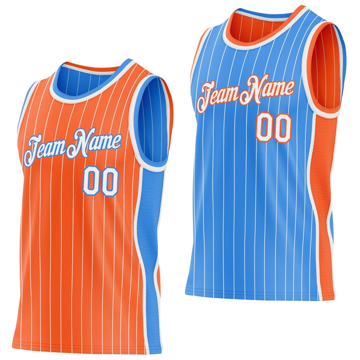 Custom Orange White Pinstripe-Powder Blue Side Panels Reversible Double Side Sublimation Basketball Set Jersey