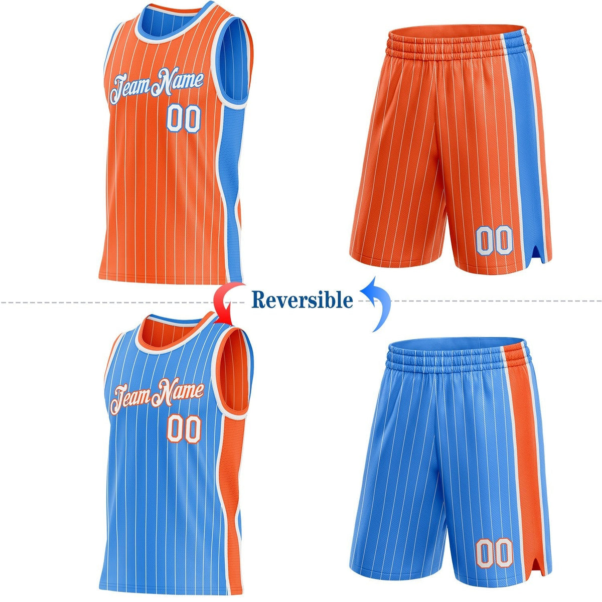 Custom Orange White Pinstripe-Powder Blue Side Panels Reversible Double Side Sublimation Basketball Set Jersey photo 2