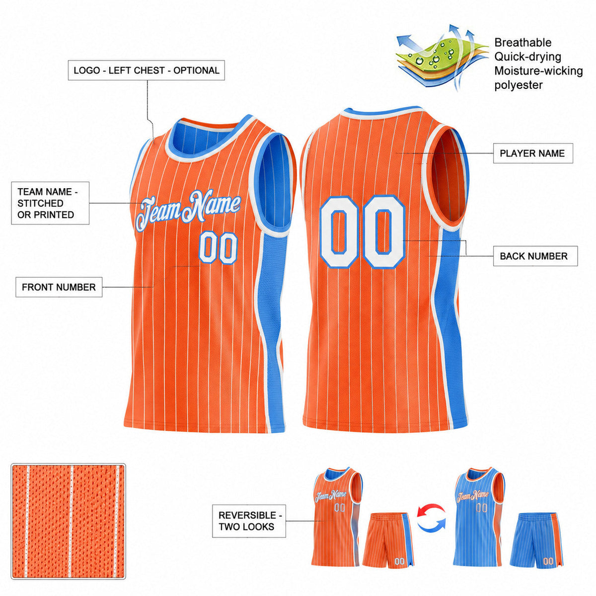 Custom Orange and White Side Panels Basketball Jersey Set with Powder Blue Lettering customization guide