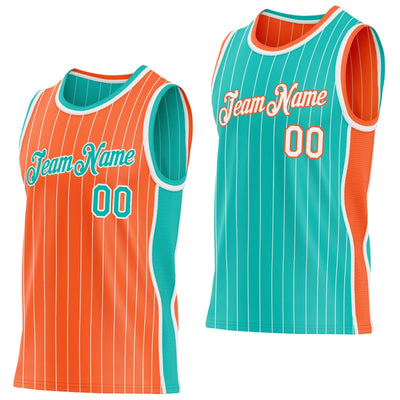 Custom Orange and White Side Panels Pinstripe Reversible Basketball Jersey Set with Aqua Lettering
