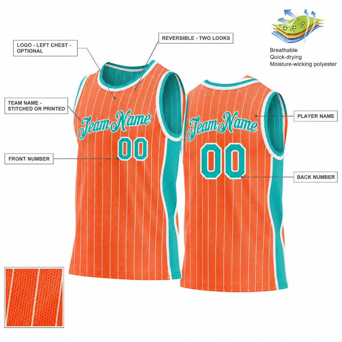 Custom Orange and White Side Panels Pinstripe Reversible Basketball Jersey Set with Aqua Lettering customization guide