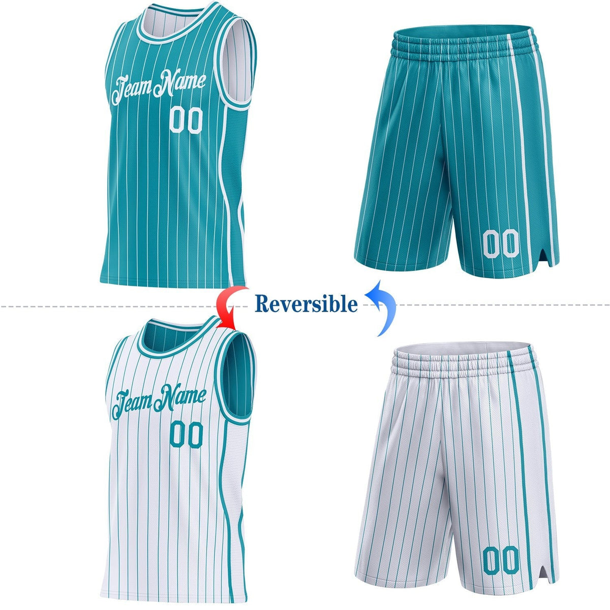 Custom Teal White Pinstripe Side Panels Reversible Double Side Sublimation Basketball Set Jersey photo 2