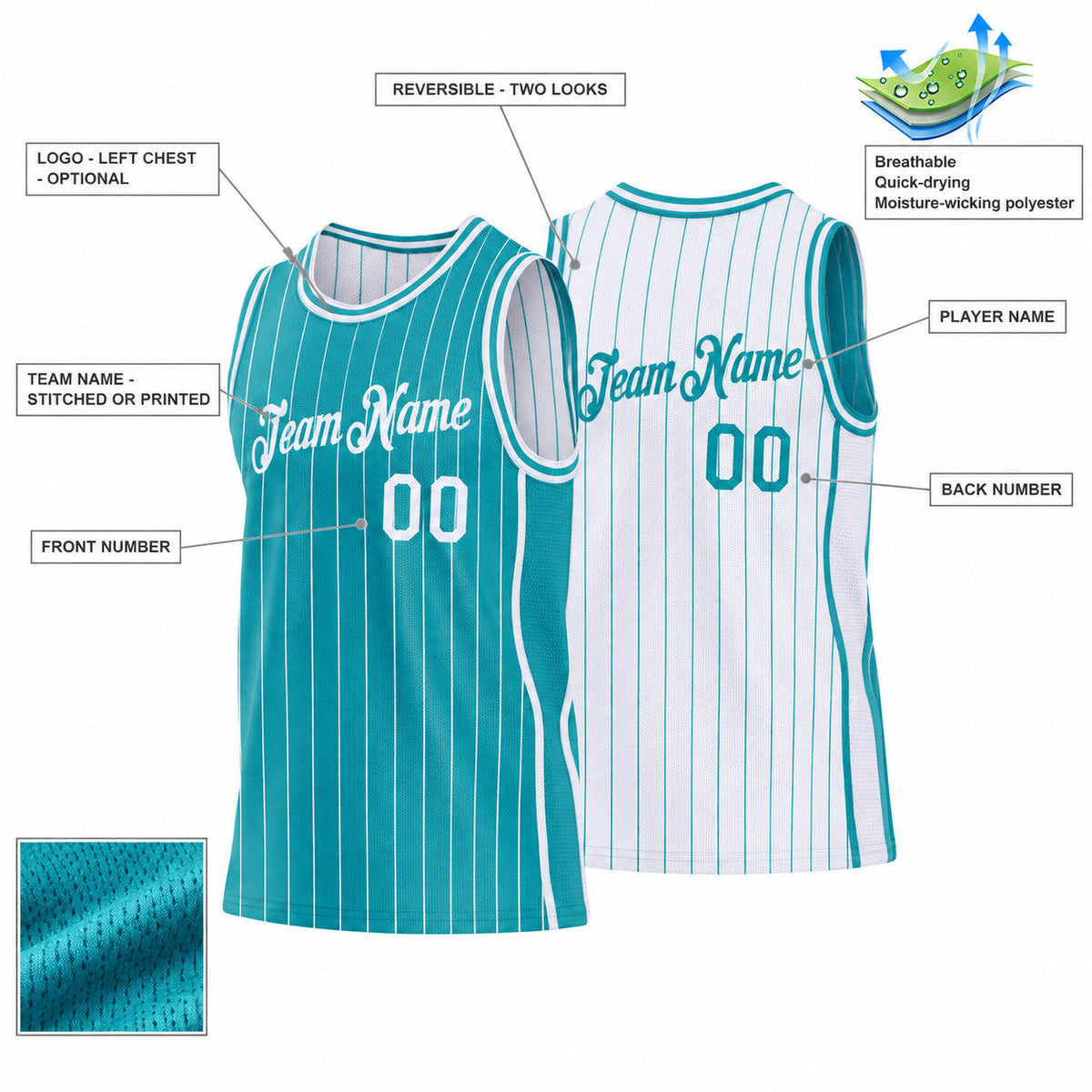 Custom Teal Side Panels Pinstripe Reversible Basketball Jersey Set with White Lettering customization guide