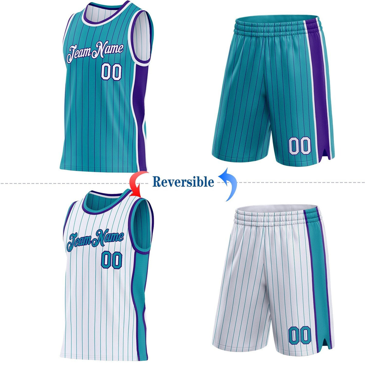 Custom Teal Purple Pinstripe-White Side Panels Reversible Double Side Sublimation Basketball Set Jersey photo 2