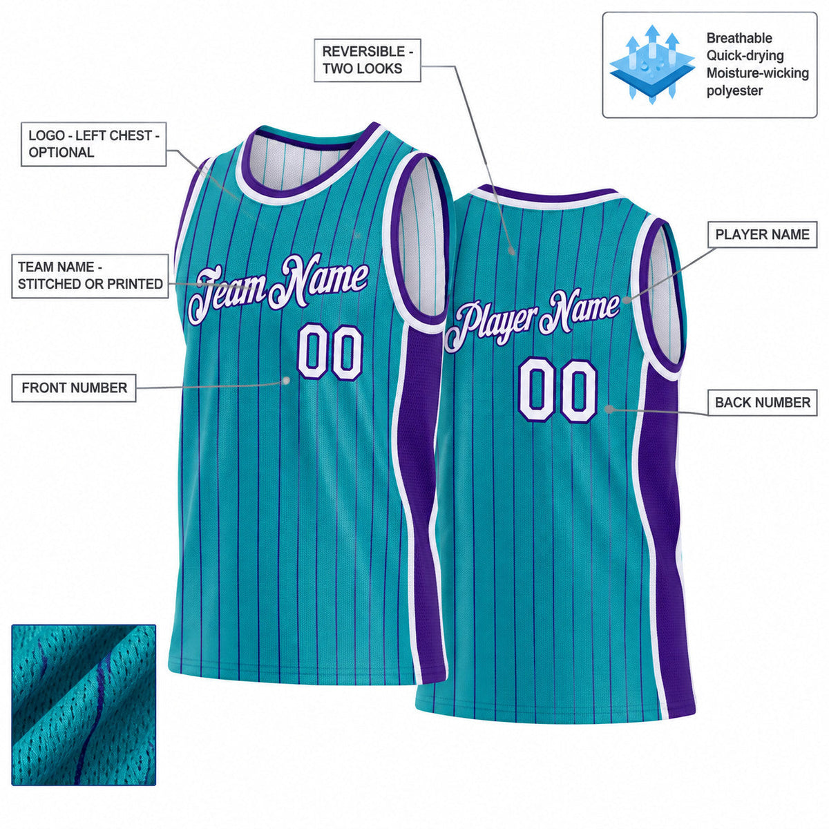 Custom Teal and Purple Side Panels Pinstripe Reversible Basketball Jersey Set with White Lettering customization guide