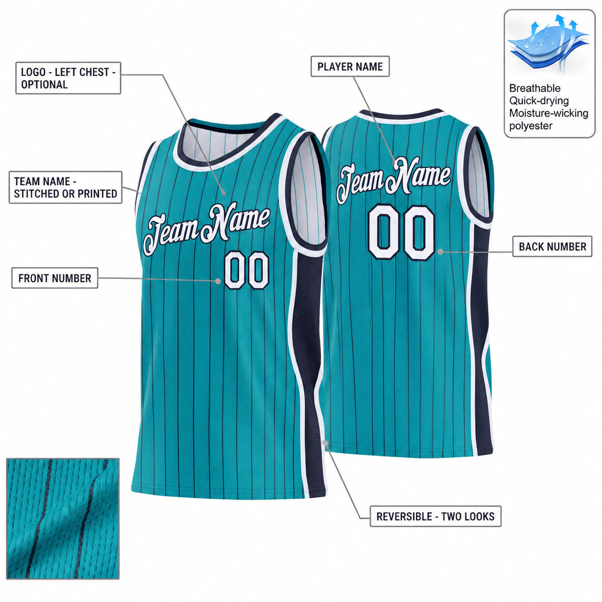 Custom Teal and Navy Side Panels Pinstripe Reversible Basketball Jersey Set with White Lettering customization guide