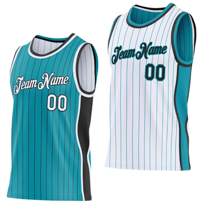 Custom Teal and Black Side Panels Pinstripe Reversible Basketball Jersey Set with White Lettering