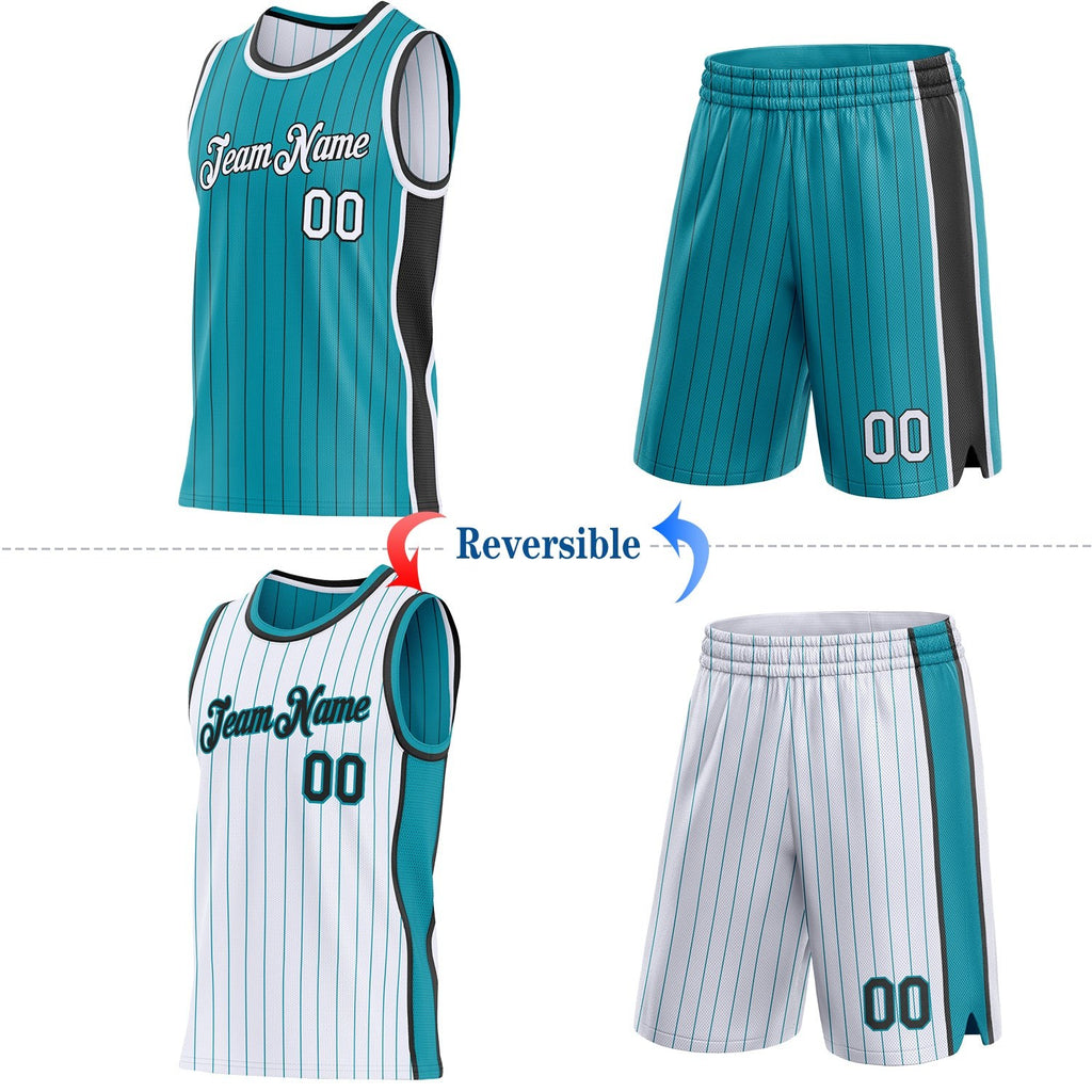 Custom Teal Black Pinstripe-White Side Panels Reversible Double Side Sublimation Basketball Set Jersey photo 2