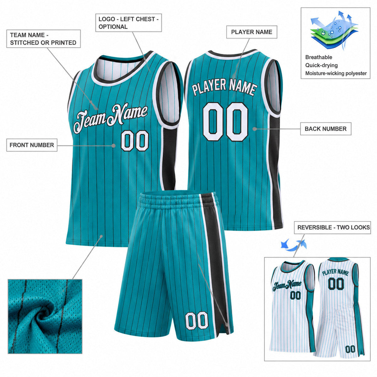Custom Teal and Black Side Panels Pinstripe Reversible Basketball Jersey Set with White Lettering customization guide