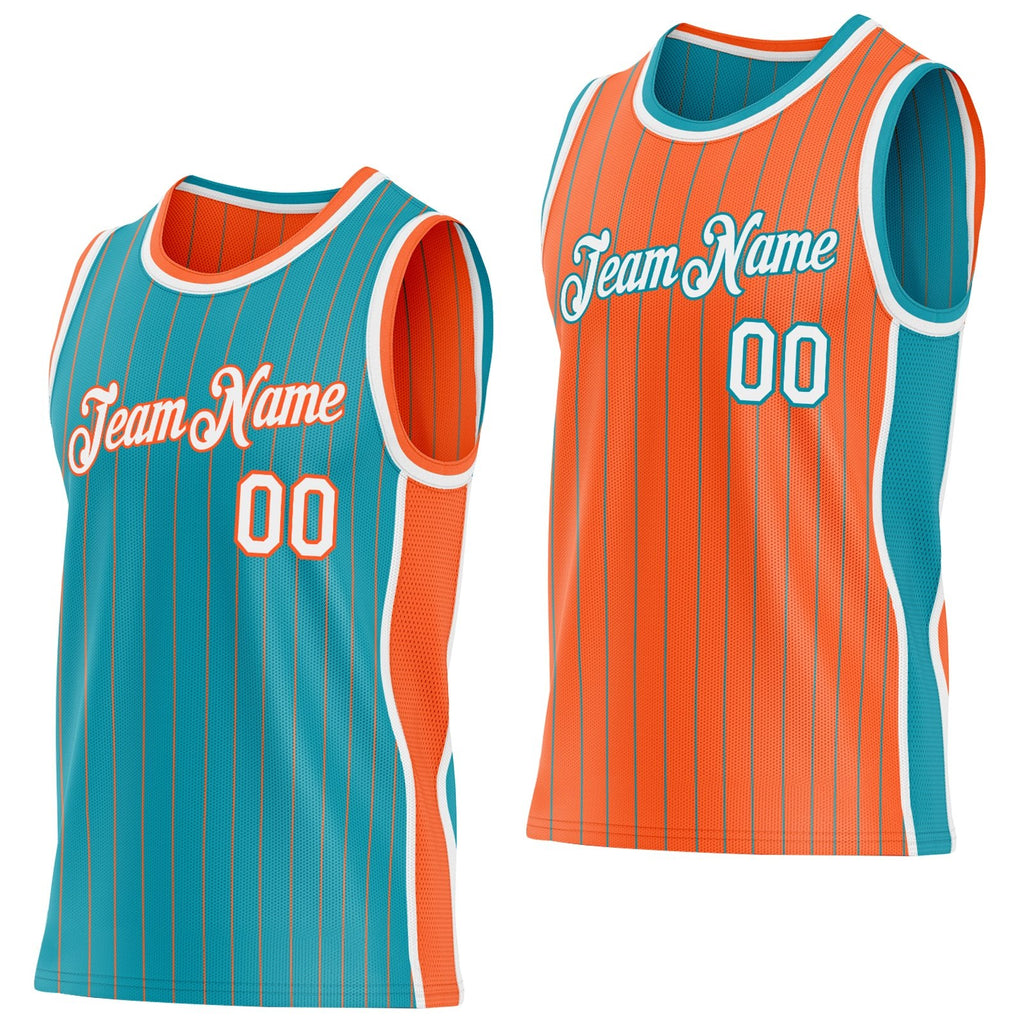 Custom Teal Orange Pinstripe-White Side Panels Reversible Double Side Sublimation Basketball Set Jersey