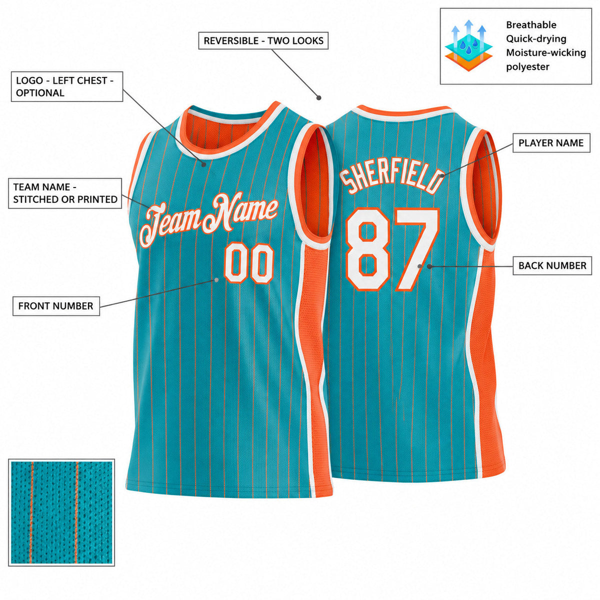 Custom Teal and Orange Side Panels Pinstripe Reversible Basketball Jersey Set with White Lettering Design 1100 customization guide