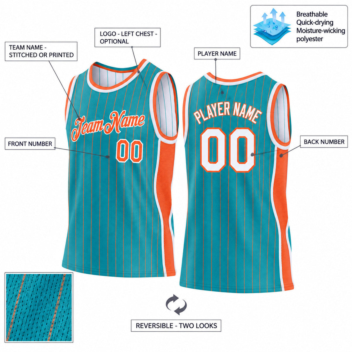Custom Teal and Orange Side Panels Pinstripe Reversible Basketball Jersey Set with White Lettering Design 1101 customization guide