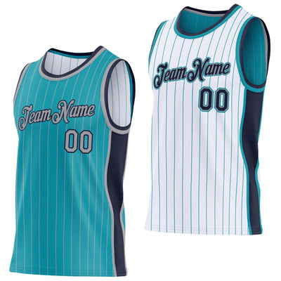 Custom Teal and Gray Side Panels Pinstripe Reversible Basketball Jersey Set with Navy Lettering