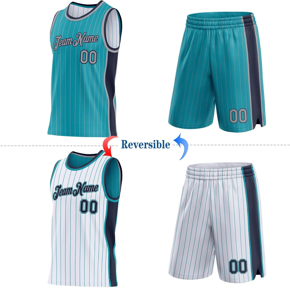 Custom Teal Gray Pinstripe-Navy Side Panels Reversible Double Side Sublimation Basketball Set Jersey photo 2