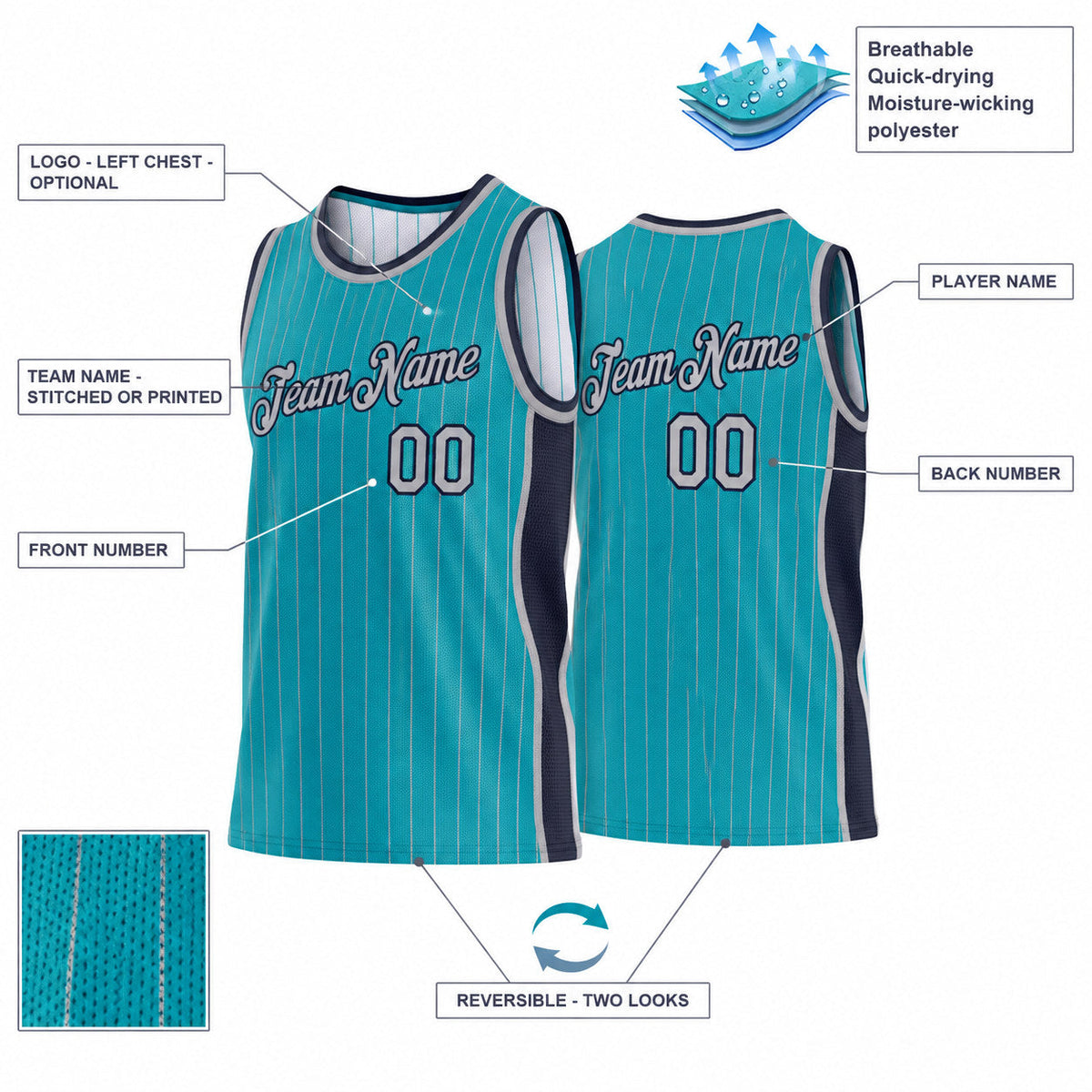 Custom Teal and Gray Side Panels Pinstripe Reversible Basketball Jersey Set with Navy Lettering customization guide