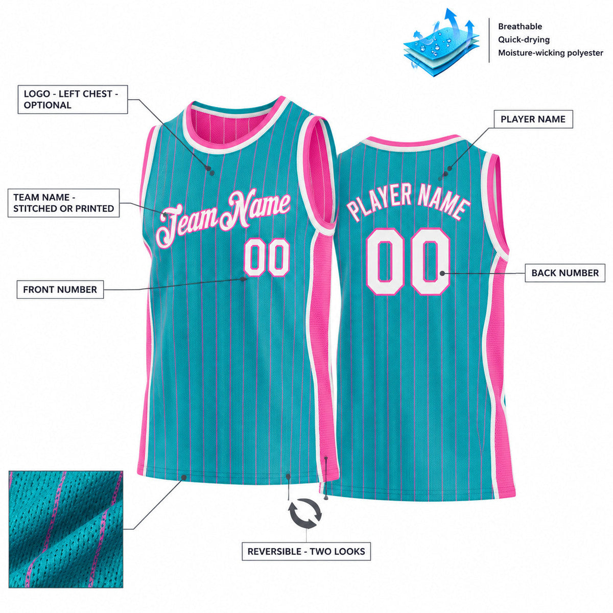 Custom Teal and Pink Side Panels Pinstripe Reversible Basketball Jersey Set with White Lettering Design 1103 customization guide