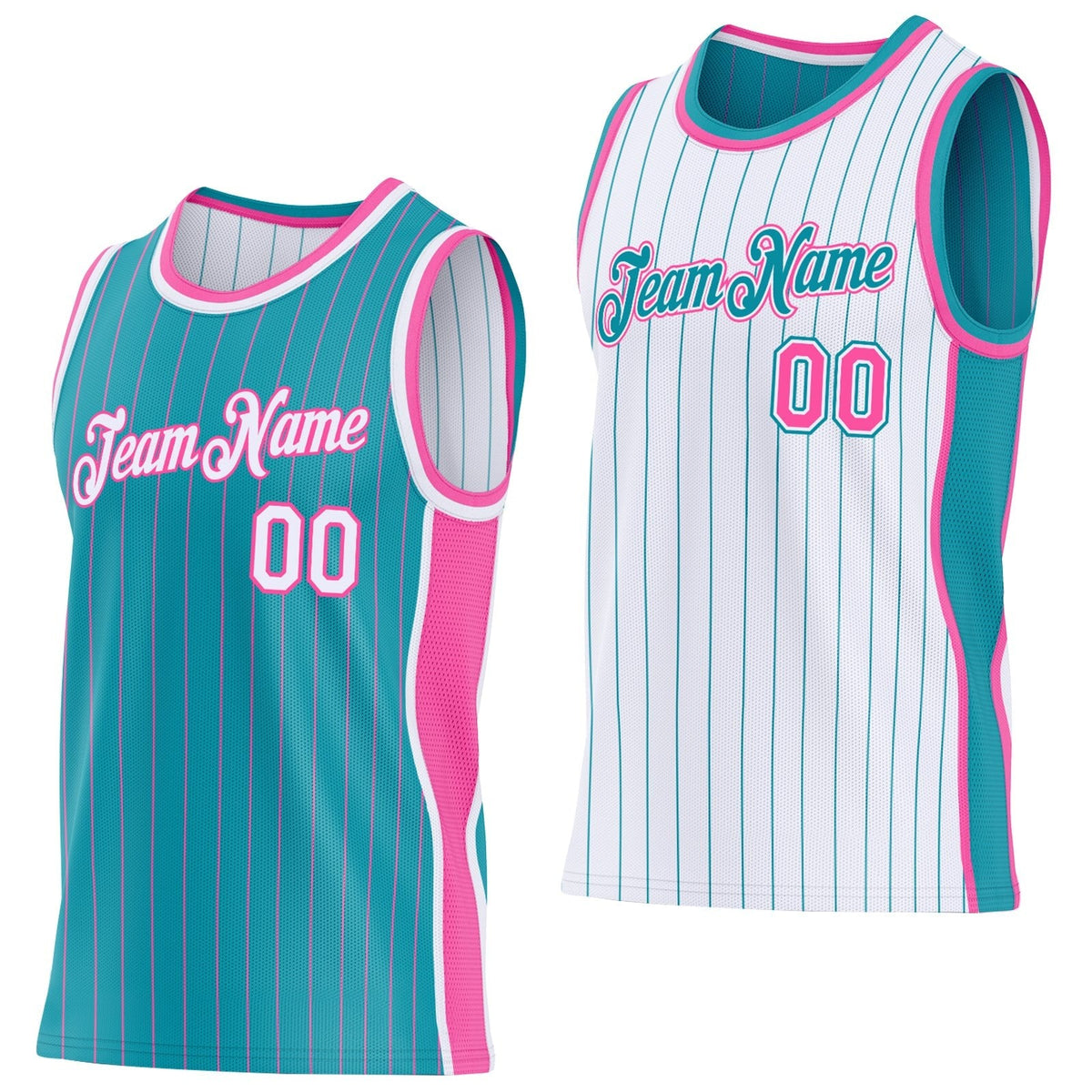 Custom Teal Pink Pinstripe-White Side Panels Reversible Double Side Sublimation Basketball Set Jersey
