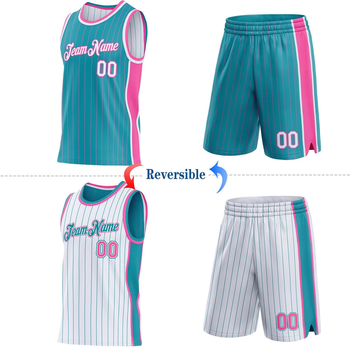 Custom Teal Pink Pinstripe-White Side Panels Reversible Double Side Sublimation Basketball Set Jersey photo 2