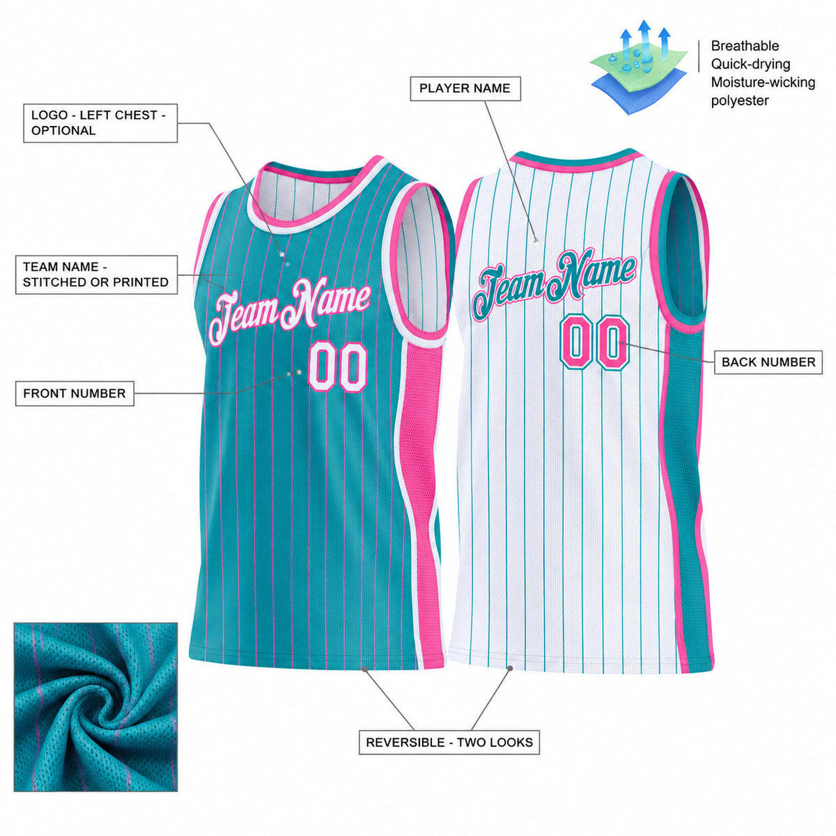 Custom Teal and Pink Side Panels Pinstripe Reversible Basketball Jersey Set with White Lettering Design 1104 customization guide