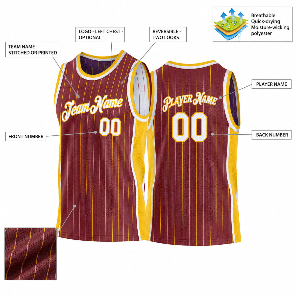 Custom Burgundy and Gold Side Panels Pinstripe Reversible Basketball Jersey Set with White Lettering customization guide