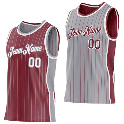 Custom Burgundy and Gray Side Panels Pinstripe Reversible Basketball Jersey Set with White Lettering
