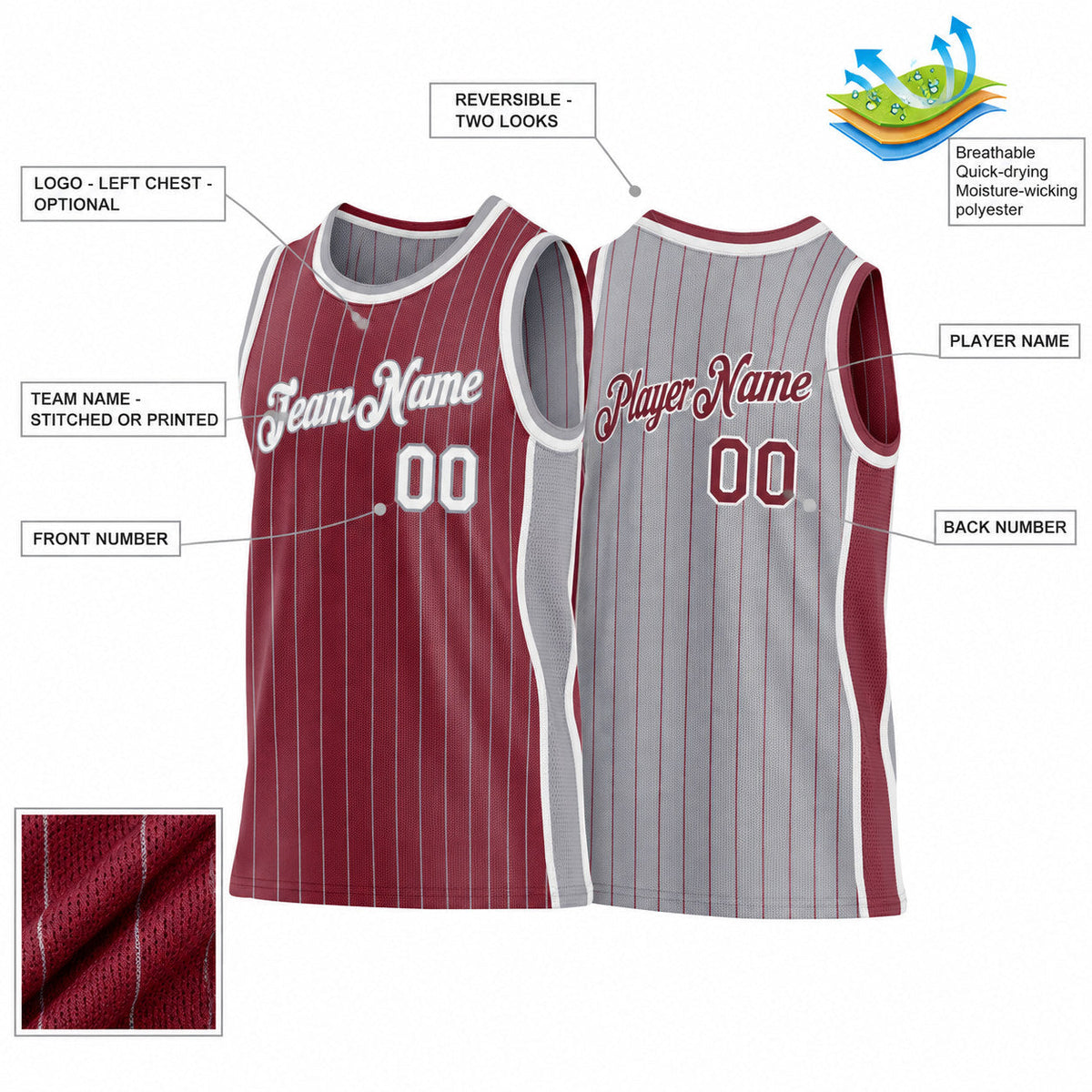 Custom Burgundy and Gray Side Panels Pinstripe Reversible Basketball Jersey Set with White Lettering customization guide